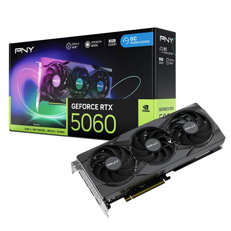 Placa Gráfica PNY NVIDIA GeForce RTX 5060 "Blackwell" ARGB EPIC-X RGB OC Triple Fan 8G GDDR7 DLSS4