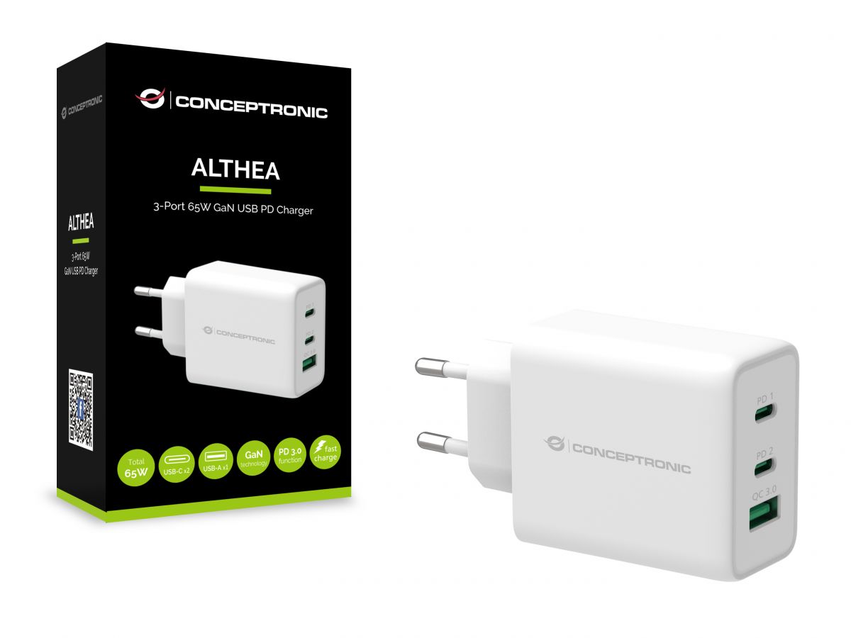 CONCEPTRONIC CARREGADOR GAN 2xUSB-C 1xUSB 65W BRANCO