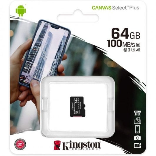 Cartão de Memória microSDXC Kingston Canvas Select Plus 64GB (100MB/s) UHS-I, U1, V10, A1 + Adaptador SD