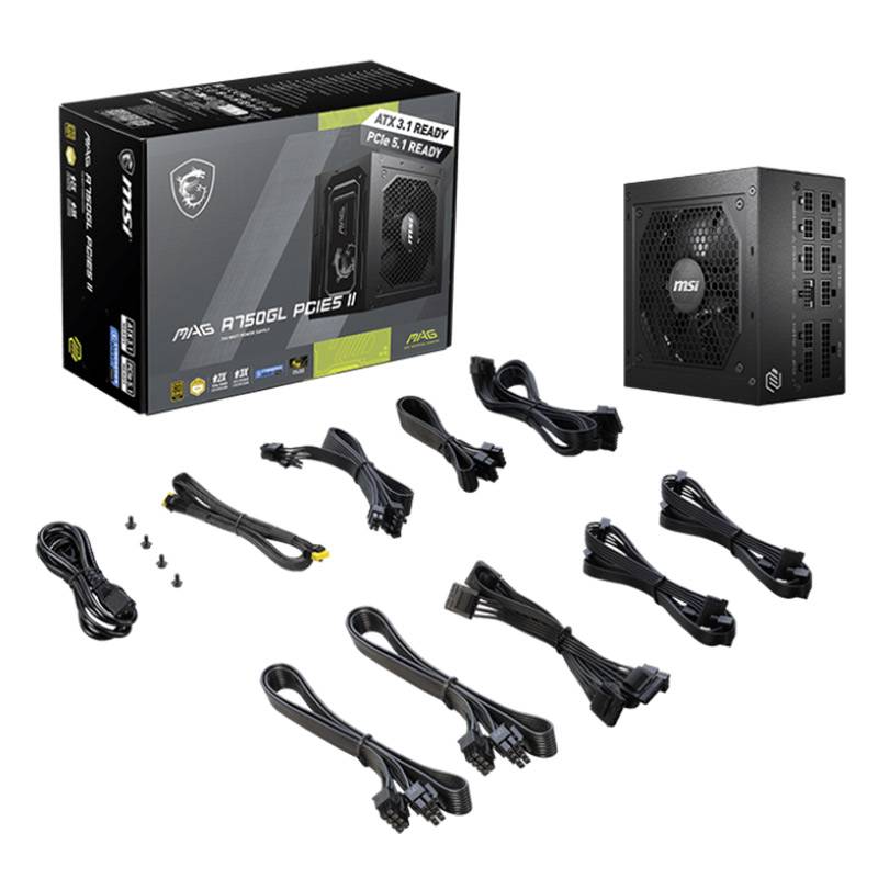 Fonte de Alimentação ATX MSI MAG A750GL PCIE5 II 750W ATX 3.1/PCIe 5.1 80 Plus Gold Full Modular