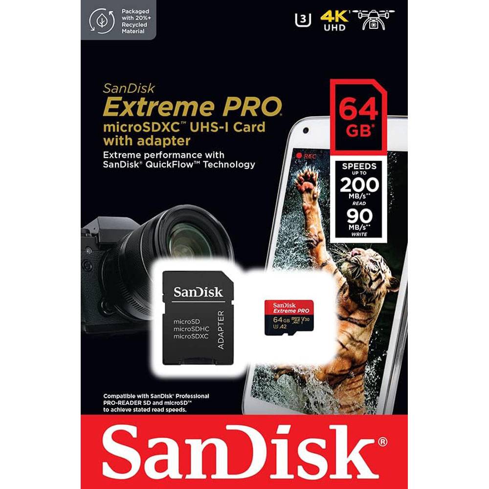 Cartão de Memória microSDXC SanDisk Extreme PRO 64GB (200MB/s) UHS-I, U3, V30, A2 + Adaptador SD