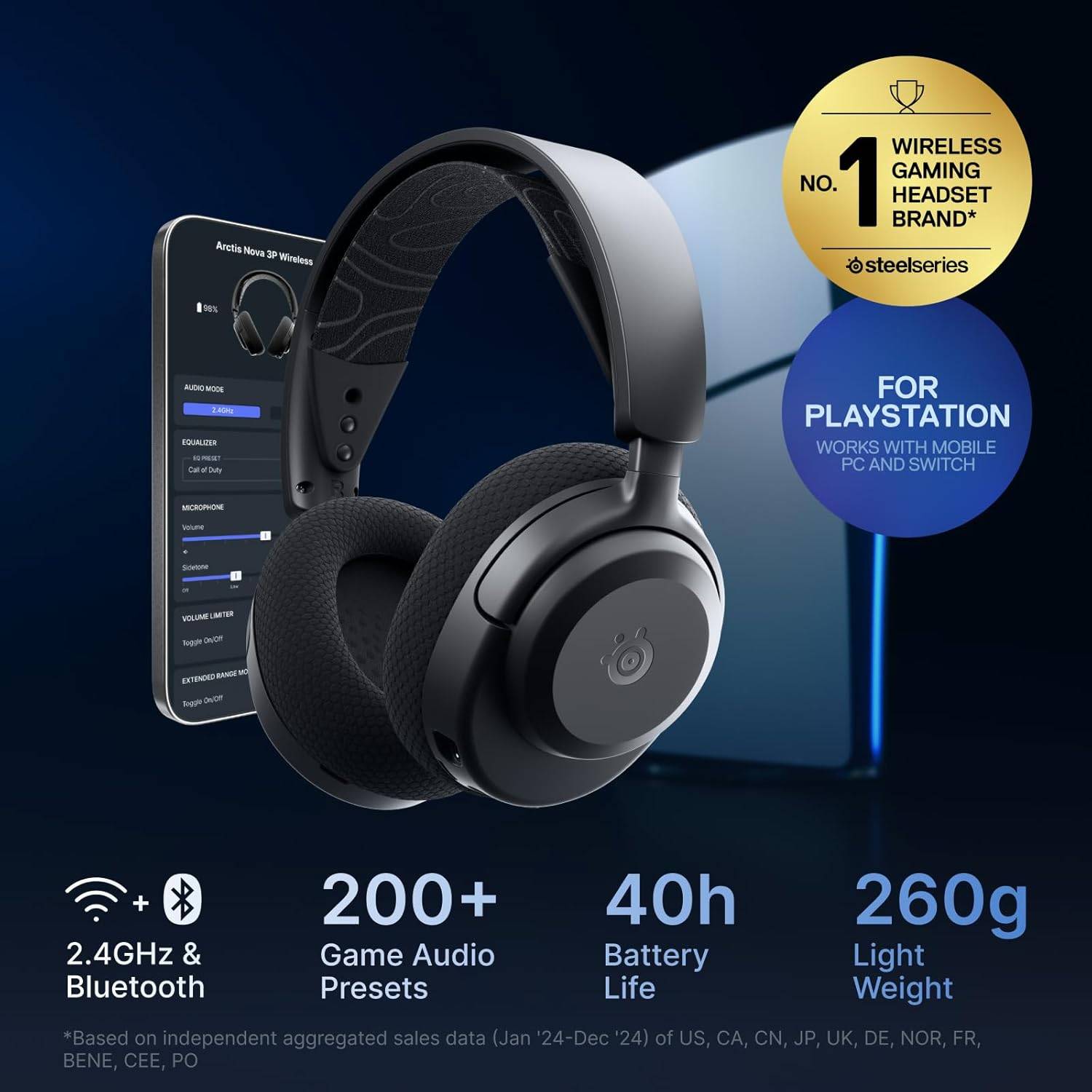 Headset Steelseries Arctis Nova 3P Wireless Multi-Platform Gaming 2.4GHz/Bluetooth for Playstation/PC/Switch/Mobile Preto