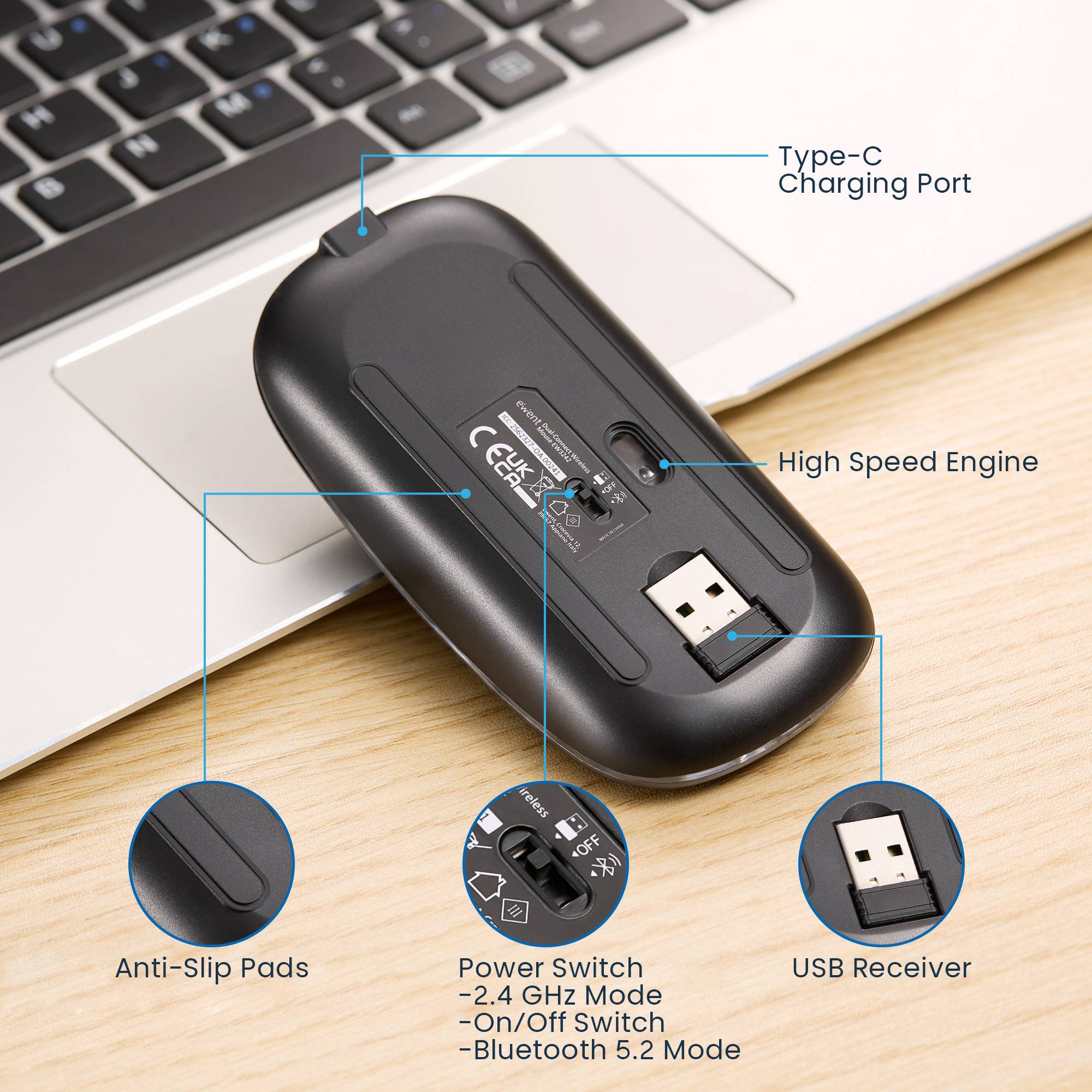 Rato Óptico Ewent EW3242 Dual Connection Bluetooth/2.4Ghz Wireless RGB 1600DPI Preto