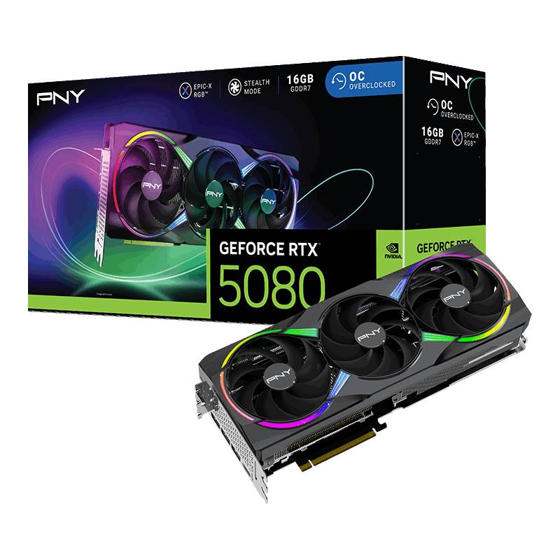 Placa Gráfica PNY NVIDIA GeForce RTX 5080 "Blackwell" ARGB EPIC-X RGB OC Triple Fan 16GB GDDR7 DLSS4