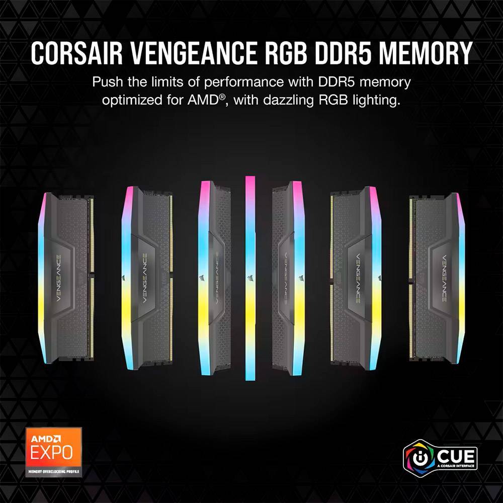 Memória RAM UDIMM Corsair Vengeance RGB 64GB (2x32GB) DDR5-6000MHz (AMD Expo/Intel XMP) CL30 (30-36-36-76) 1.40V Preta