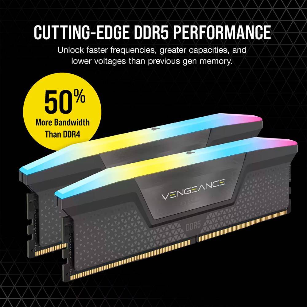 Memória RAM UDIMM Corsair Vengeance RGB 64GB (2x32GB) DDR5-6000MHz (AMD Expo/Intel XMP) CL30 (30-36-36-76) 1.40V Preta