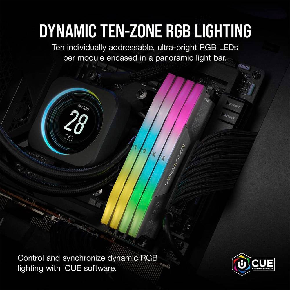 Memória RAM UDIMM Corsair Vengeance RGB 64GB (2x32GB) DDR5-6000MHz (AMD Expo/Intel XMP) CL30 (30-36-36-76) 1.40V Preta