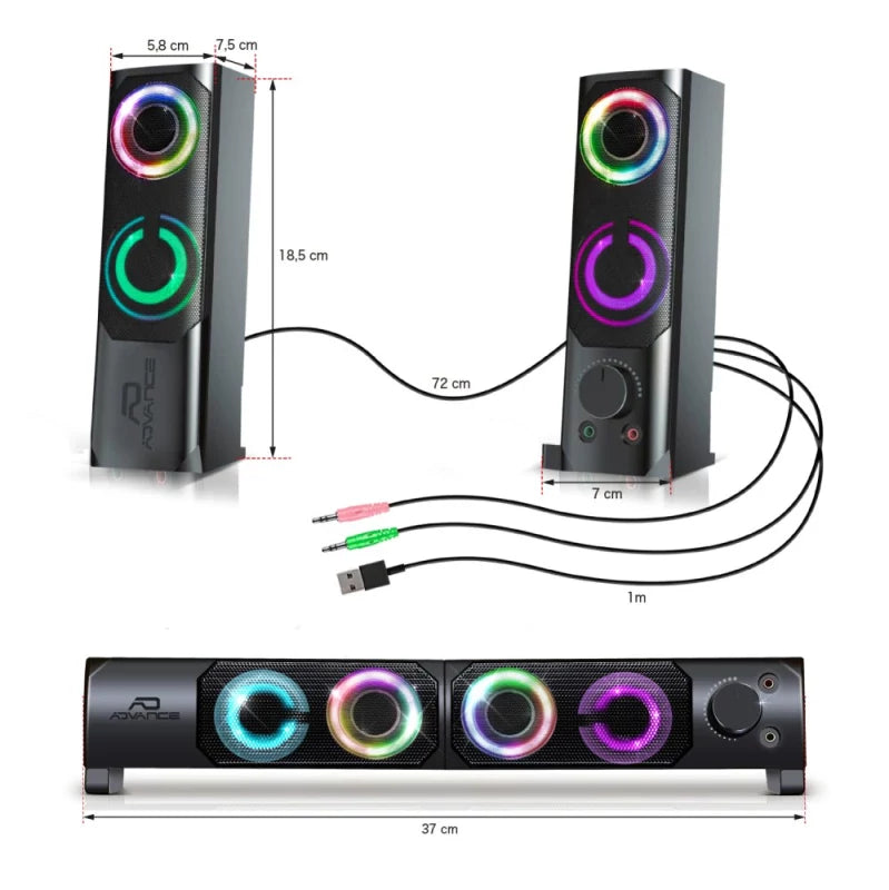 Colunas ADVANCE SOUNDPHONIC 2.0 RGB 6W RMS PC