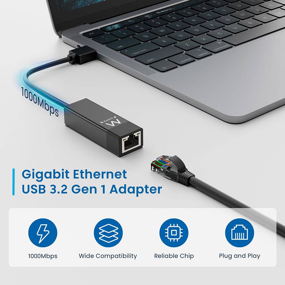 Adaptador de Rede Ewent EW1017 Gigabit Ethernet USB 3.2 Gen 1 Preto