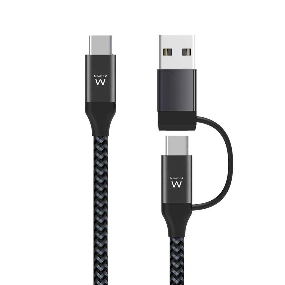 Cabo USB-C Ewent EW9918 c/ Adaptador p/ USB-A 60W 1m Preto