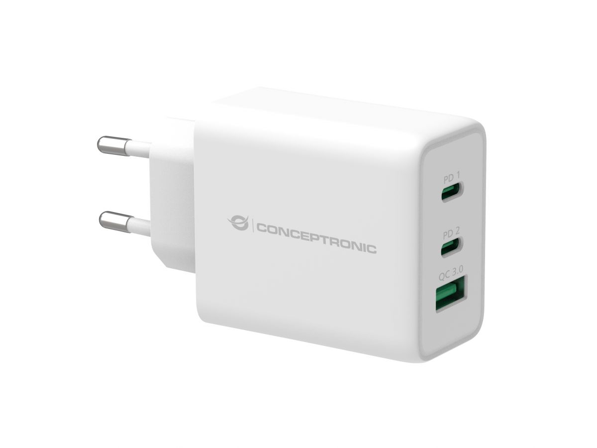 CONCEPTRONIC CARREGADOR GAN 2xUSB-C 1xUSB 65W BRANCO