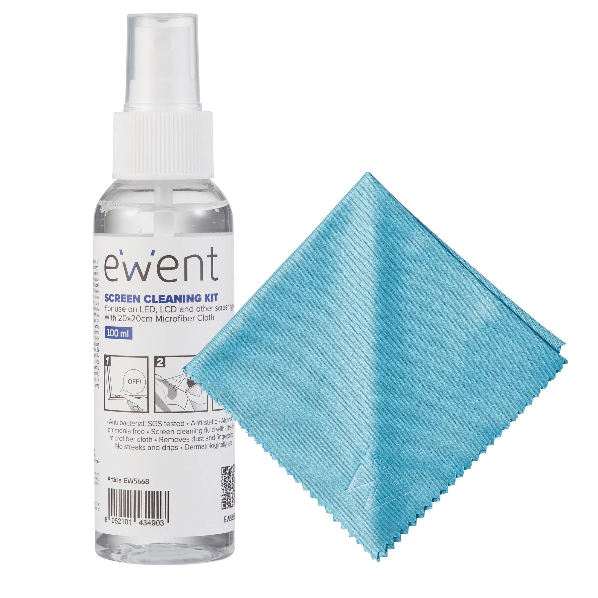 Kit Limpeza de Ecrãs Ewent EW5668 100ml com Pano de Microfibras 20x20cm