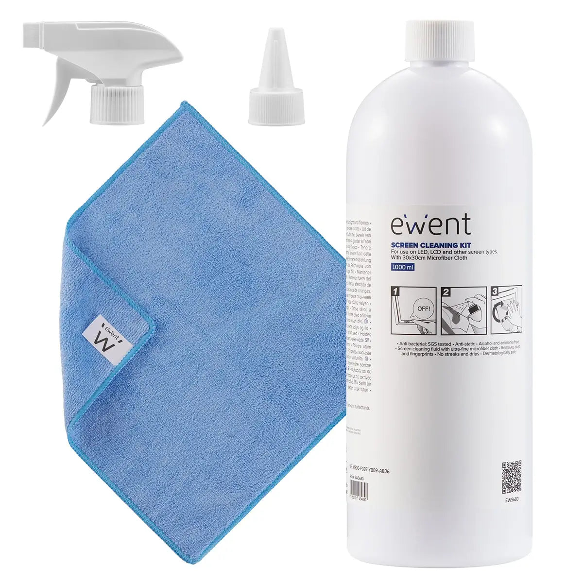 Kit Limpeza de Ecrãs Ewent EW5680 1 Litro com Pano de Microfibras 30x30cm