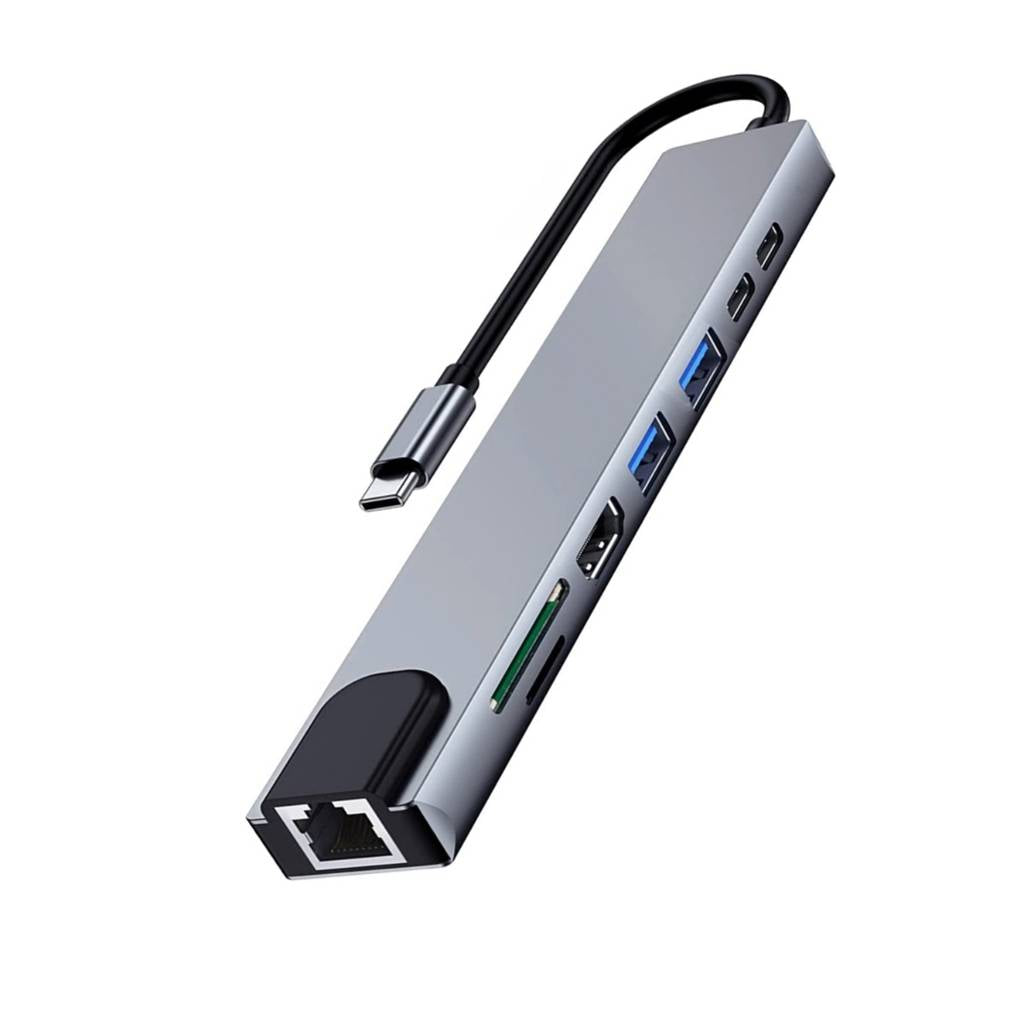 Adaptador USB-C Ewent EW1146 8-in-1 (HDMI 4K + 87W + 1x USB-C PD + 1x USB-C + 2x USB-A + LAN + Cardreader)