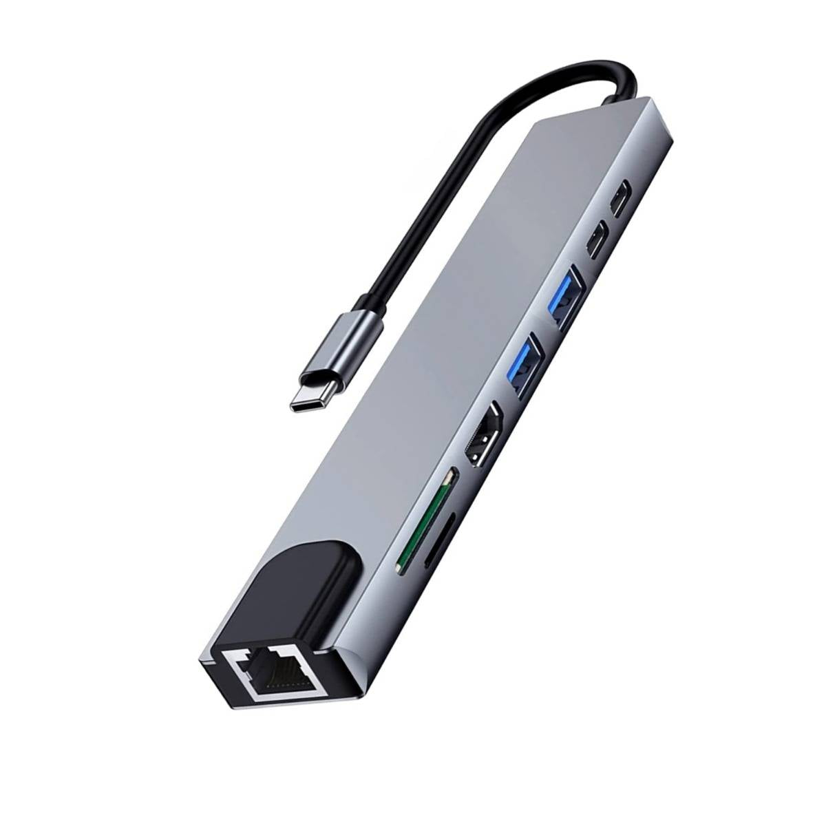 Adaptador USB-C Ewent EW1146 8-in-1 (HDMI 4K + 87W + 1x USB-C PD + 1x USB-C + 2x USB-A + LAN + Cardreader)