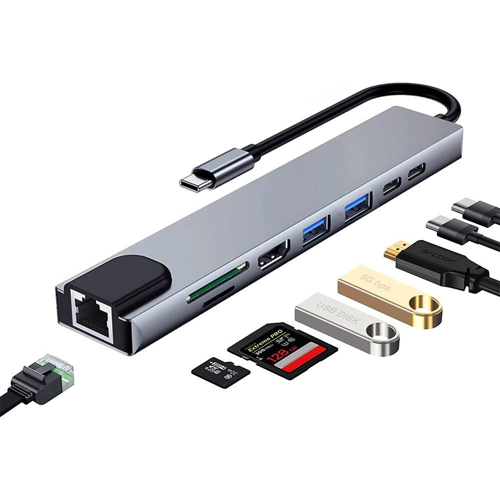 Adaptador USB-C Ewent EW1146 8-in-1 (HDMI 4K + 87W + 1x USB-C PD + 1x USB-C + 2x USB-A + LAN + Cardreader)