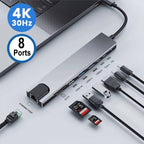 Adaptador USB-C Ewent EW1146 8-in-1 (HDMI 4K + 87W + 1x USB-C PD + 1x USB-C + 2x USB-A + LAN + Cardreader)
