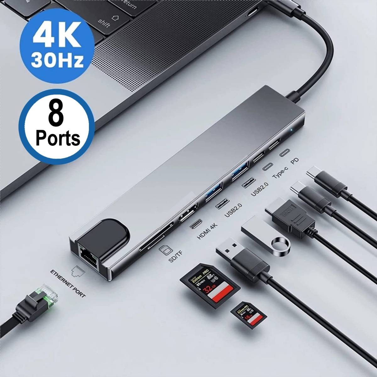 Adaptador USB-C Ewent EW1146 8-in-1 (HDMI 4K + 87W + 1x USB-C PD + 1x USB-C + 2x USB-A + LAN + Cardreader)