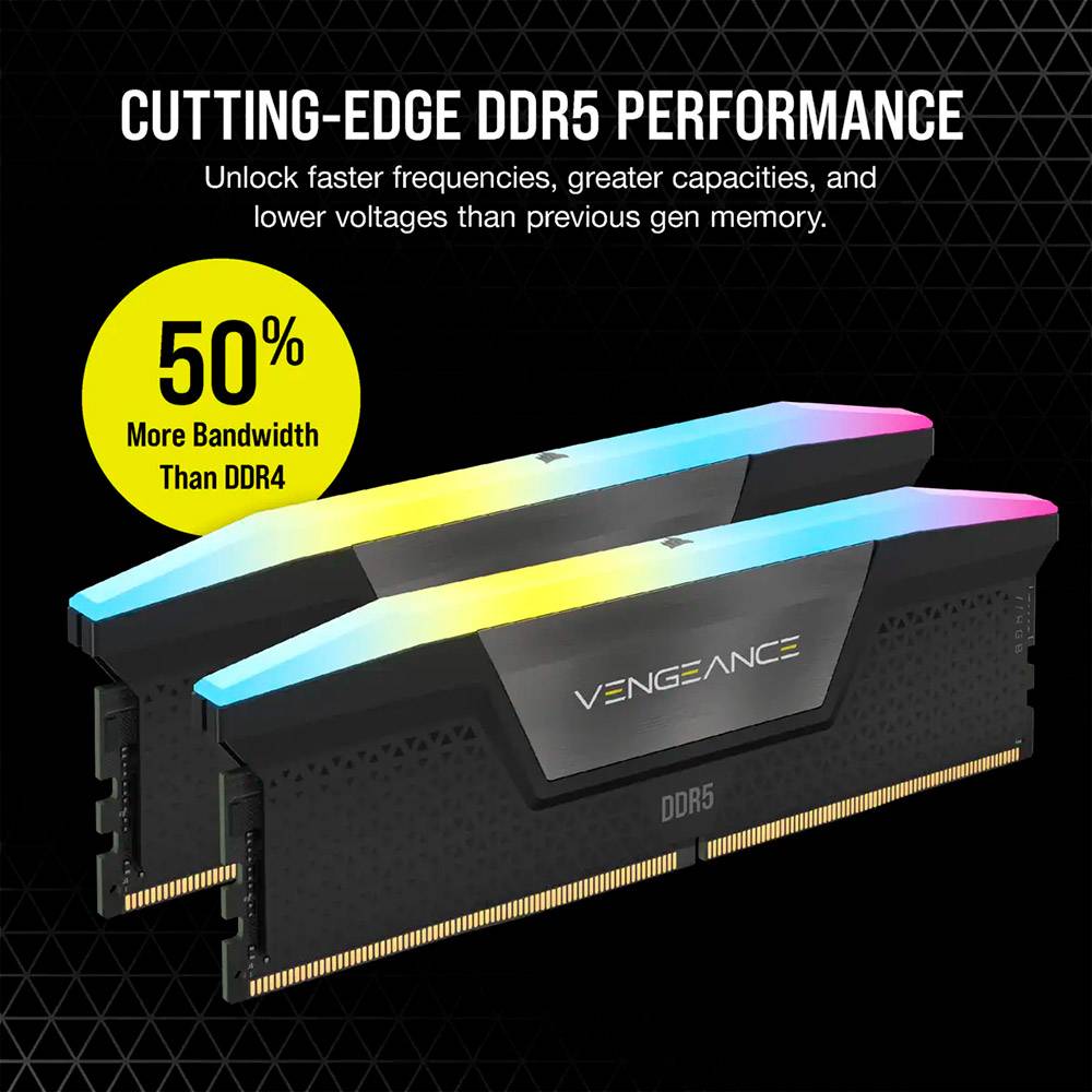Memória RAM UDIMM Corsair Vengeance RGB 32GB (2x16GB) DDR5-6000MHz (Intel XMP) CL36 (36-44-44-96) 1.35V Preta