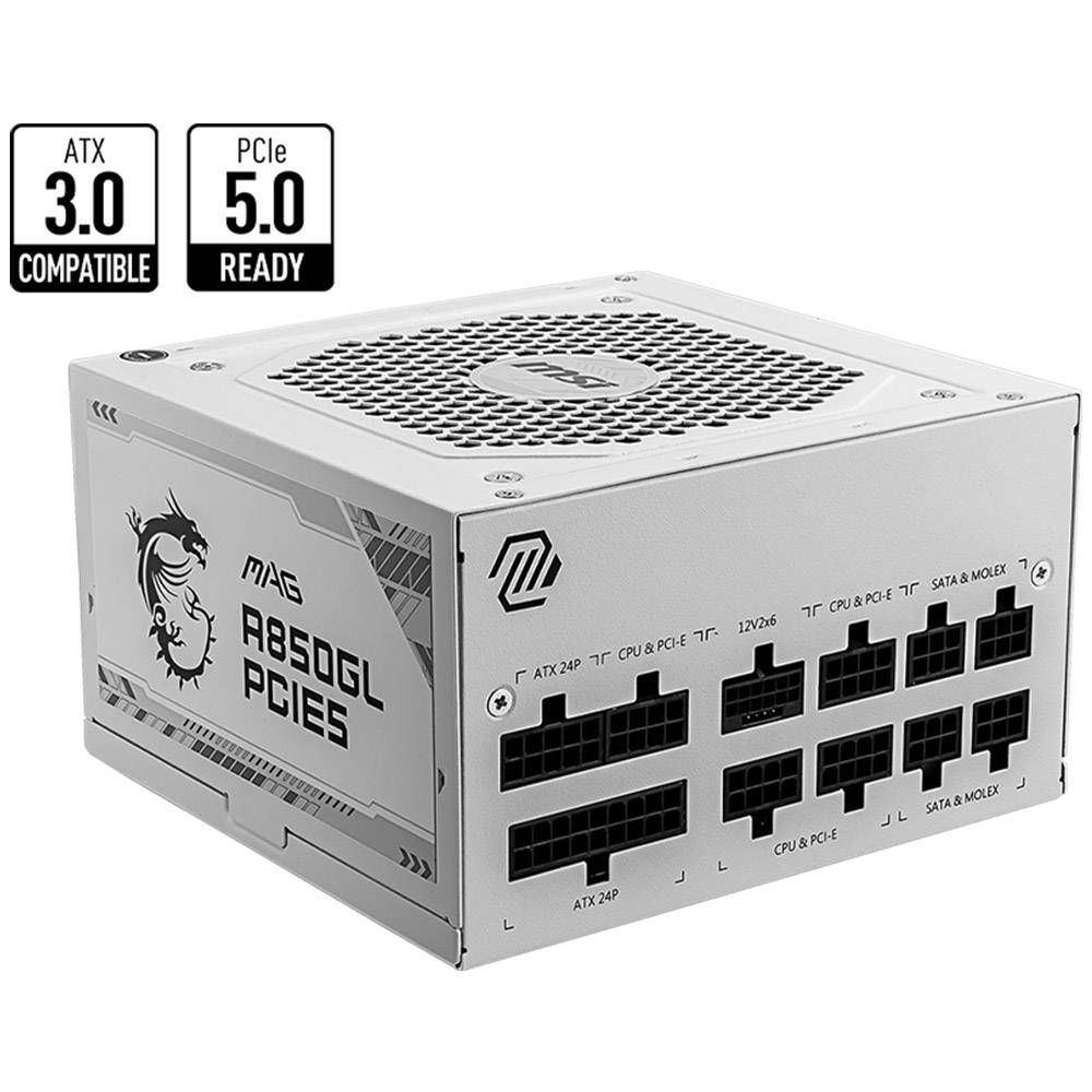 Fonte de Alimentação ATX MSI MAG A850GL PCIE5 850W ATX 3.0/PCIe 5.0 80 Plus Gold Full Modular Branca
