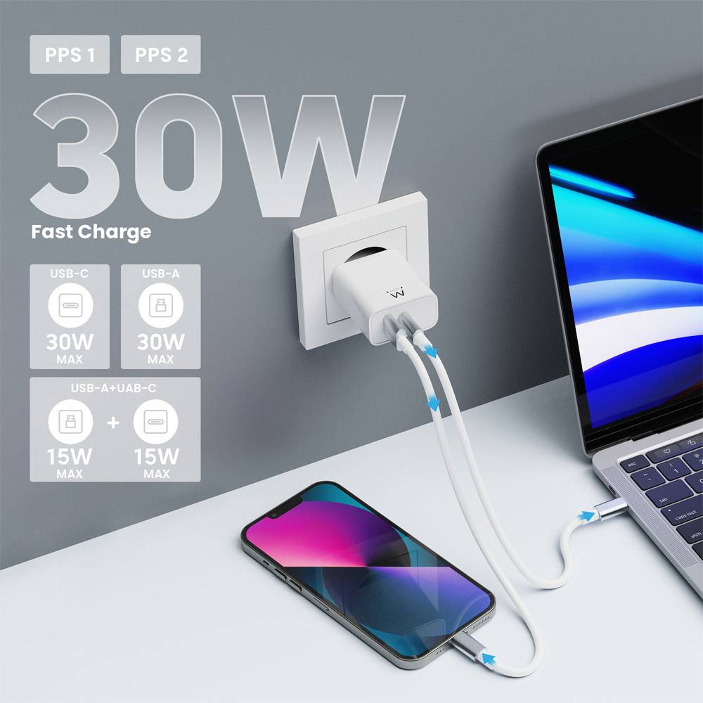 Carregador Ewent EW1325 USB-C/USB-A 30W QC 3.0 Branco